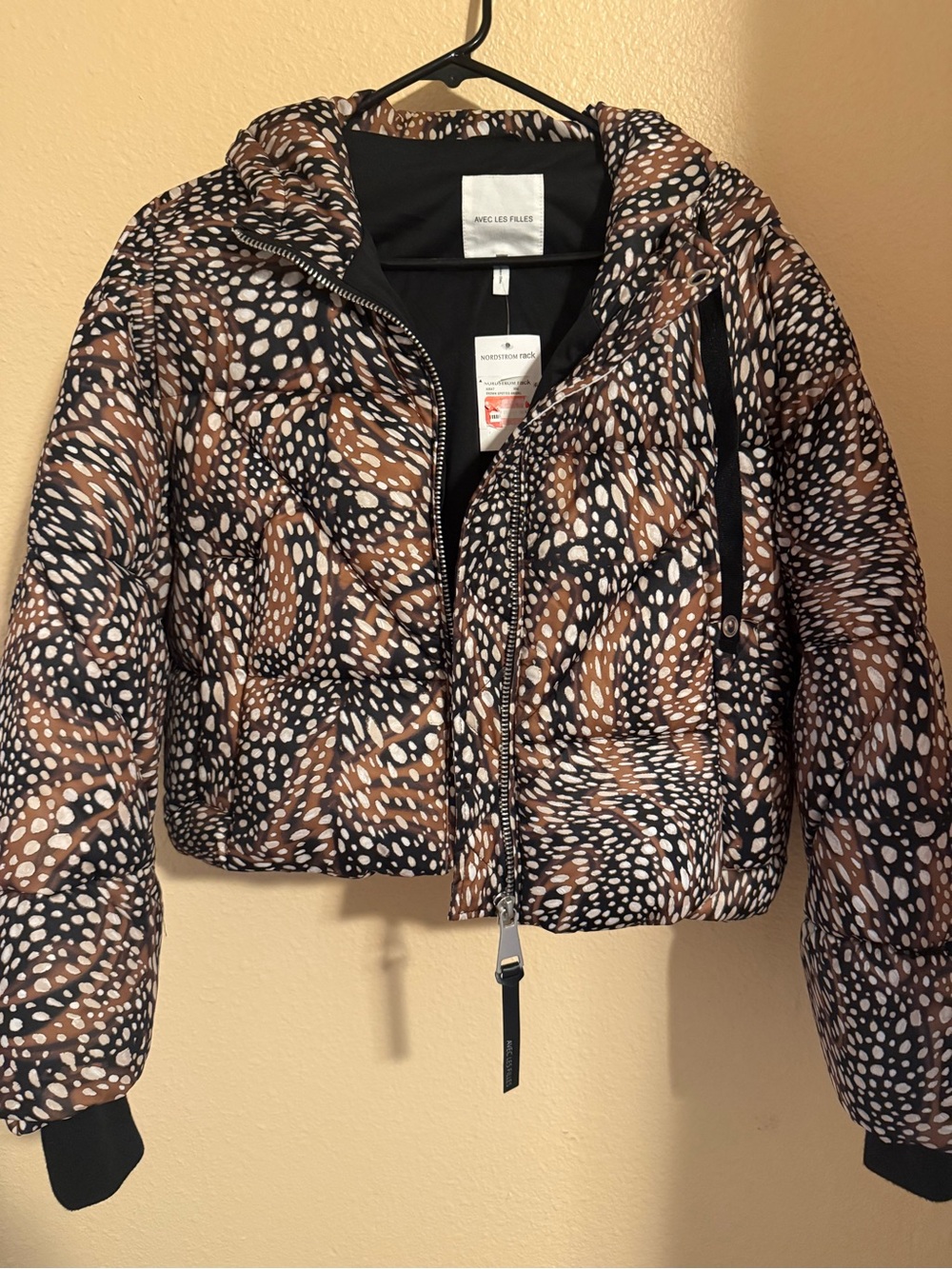 Avec Les Filles Black, Brown & White Printed Cropped Puffer Jacket